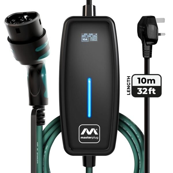 Masterplug EV Charging Cable for Electric and Hybrid Vehicles, 10 Metres, Mode 2, 3 Pin UK Plug to Type 2 Car Charger, 2.4kW, EVCM221010