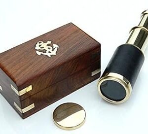BRASS TELESCOPE BLACK LEATHER WOOD WITH BOX