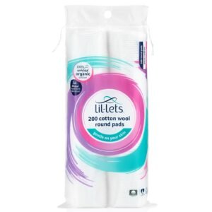 Lil-Lets Cotton Wool Round Pads, 200 Count, Certified Organic, 100% Pure Cotton Wool, Soft and Absorbent, Gentle on Skin, Dermatologically Tested, Bulk Pack