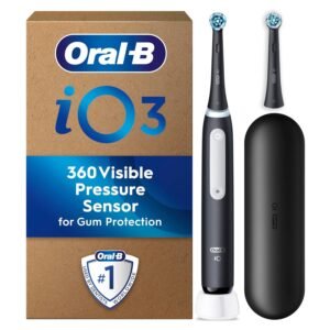 Oral-B iO3 Electric Toothbrush, 2 Toothbrush Heads, Pressure Sensor, Toothbrush for Adults with Travel Case, Gift Ideas for Him/Her, Matt Black, UK 2 pin plug